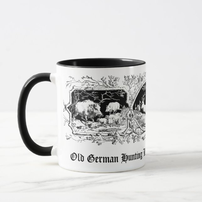 Die Tasse des altmodischen Jägers mit Rotwild u. (Links)