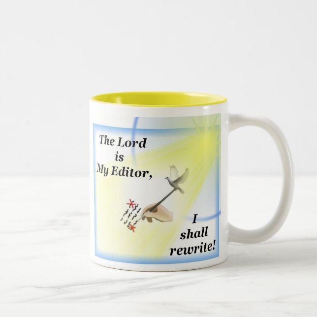 Die Tasse des Verfassers mit Parodie des Psalm-23 (Rechts)