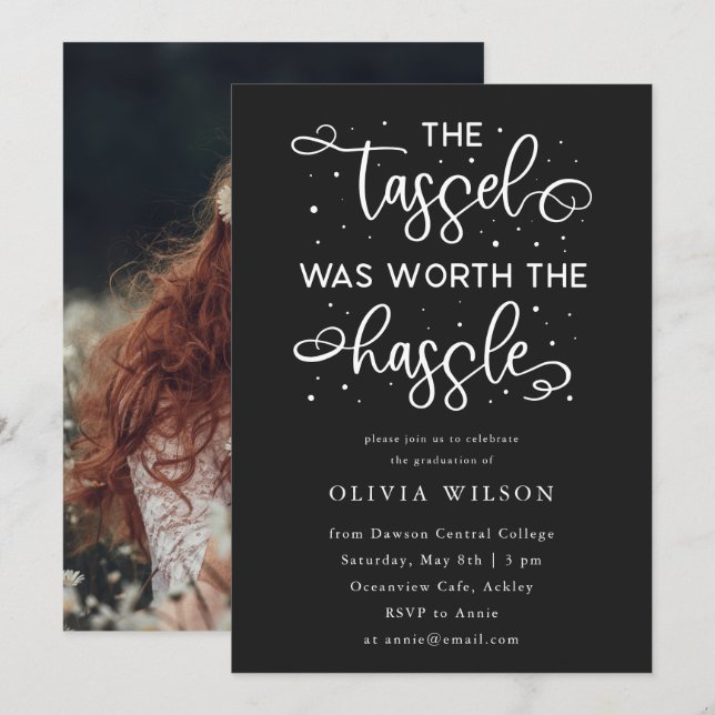 Die Tassel war das Hassle Grad Party Foto I wert Einladung (Vorne/Hinten)