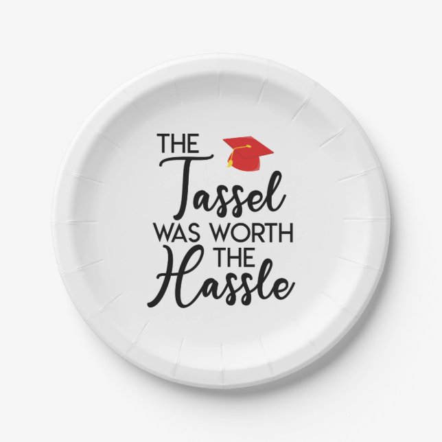 Die Tassel war die mürrische Graduierungspartei we Pappteller (Vorderseite)