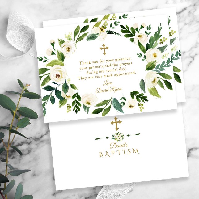 Die Taufe der modernen weißen Blumen Dankeskarte (elegant, trendy white flowers baptism thank you card)