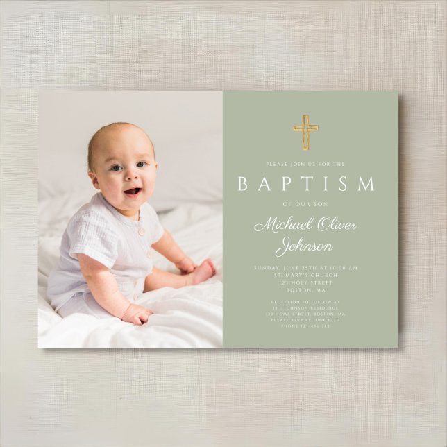 Die Taufe des modernen altertümlichen grünen relig Einladung (Modern Sage Green Religious Cross Photo Baptism Invitation)