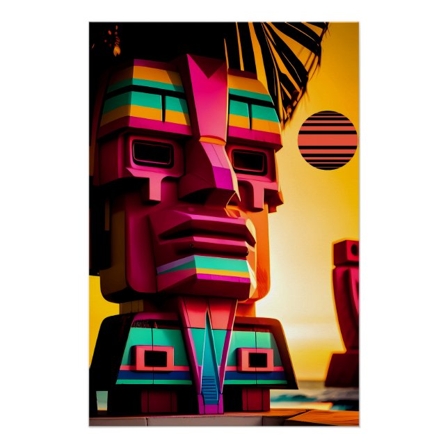 Die Tiki-Hütte am Synthwave-Strand Poster (Vorderseite)