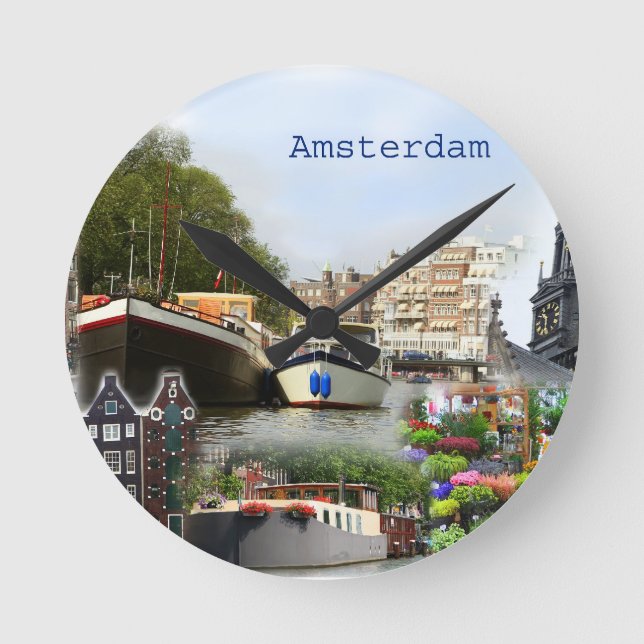 Die touristischen Sehenswürdigkeiten von Amsterdam Runde Wanduhr (Vorderseite)
