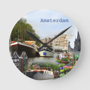 Die touristischen Sehenswürdigkeiten von Amsterdam Runde Wanduhr