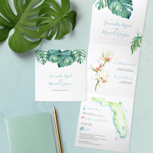 Die tropische Florida Magnolia Wasserfarbe Dreifach Gefaltete Einladung (hand painted watercolor wedding invitations tropical Florida art Victoria Grigaliunas DoTellABelle)