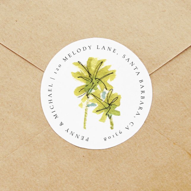 Die tropische Rücksendeadresse von Palmen am Stran Runder Aufkleber (Von Creator hochgeladen)