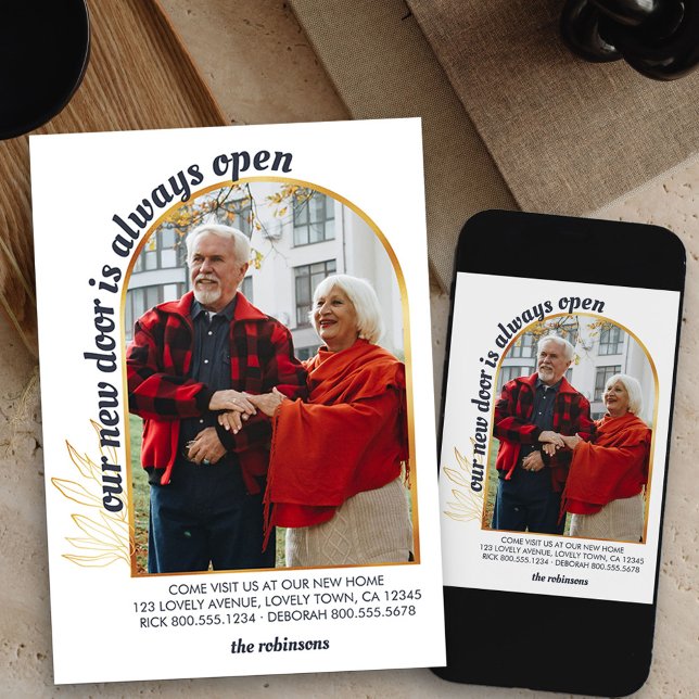 Die Tür ist immer offen Gold Arch Foto grau bewege Ankündigung (Arch photo new address moving announcement card available printed or as printable digital download)