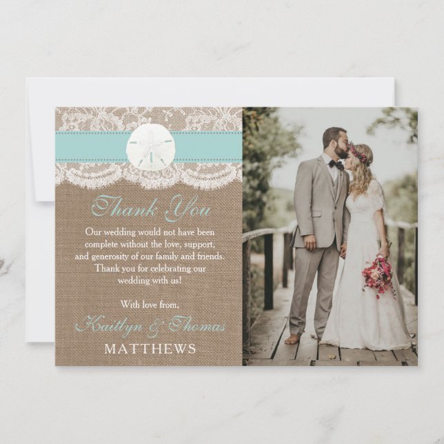 Die türkisfarbene Sand Dollar Beach Hochzeitskolle Dankeskarte (Vorderseite)