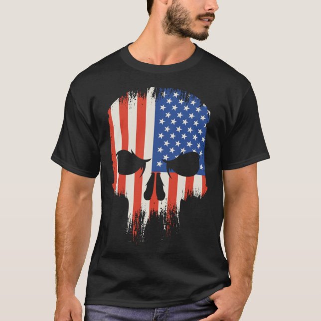 Die US-Flagge beängstigender, gruseliger Schädel w T-Shirt (Vorderseite)