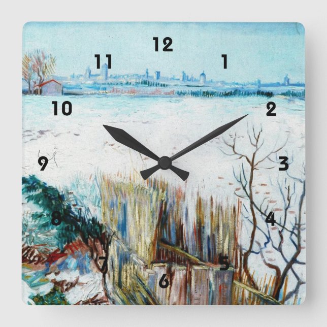 Die verschneite Landschaft mit den Arlen im Hinter Quadratische Wanduhr (Vorderseite)