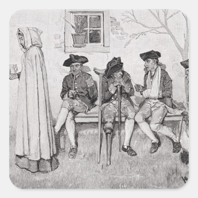 Die verwundeten Soldaten saßen an der Mauer. Quadratischer Aufkleber (Vorderseite)