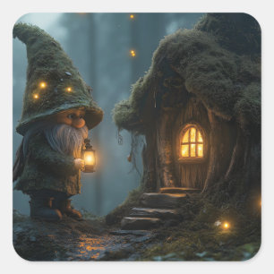 Die verzauberte Gnome-Hütte im Mondschein: Fantasi Quadratischer Aufkleber