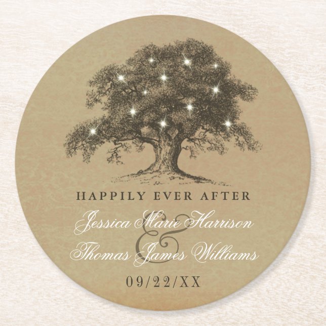 Die Vintage Hochzeitskollektion aus Eichenholz Runder Pappuntersetzer (Vorderseite)