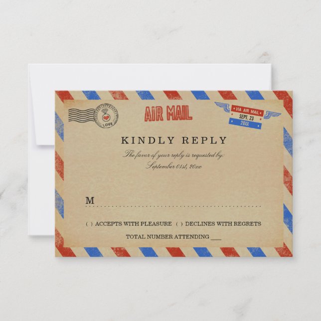 Die Vintage Hochzeitskollektion der Luftpost RSVP Karte (Vorderseite)