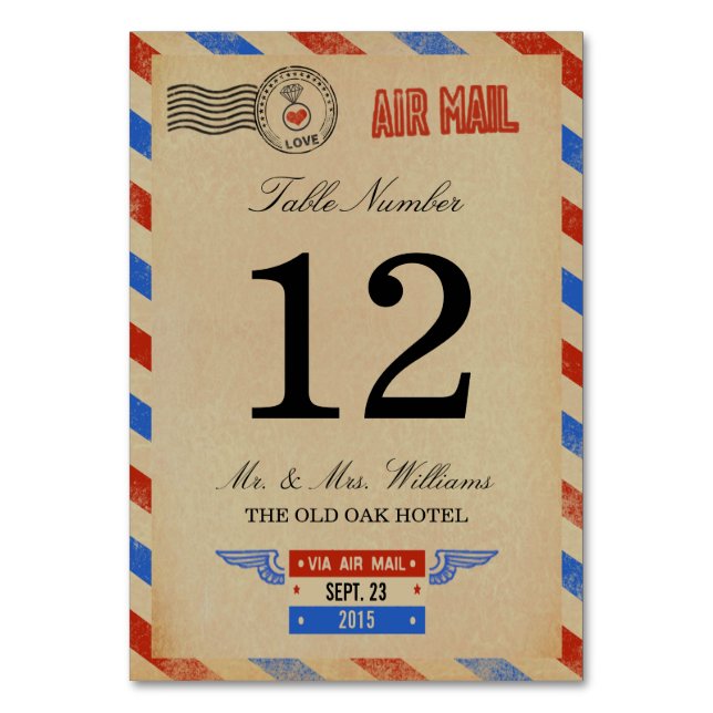 Die Vintage Hochzeitskollektion der Luftpost Tischnummer (Vorderseite)