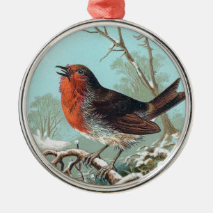 Die Vintage-Vogel-Illustration des Rotkehlchens Silbernes Ornament
