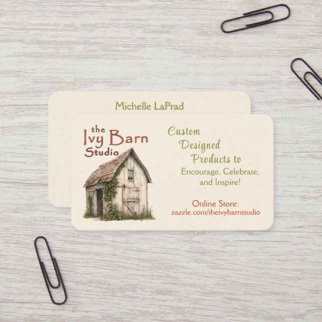Die Visitenkarte von Ivy Barn Studio (Vorderseite/Rückseite Beispiel)