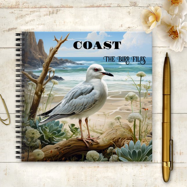 Die Vogel-Dateien der Seagull-Küste Notizbuch (Notebook featuring a painting of a seagull overlooking a beach and ocean - beach house - bird watch)