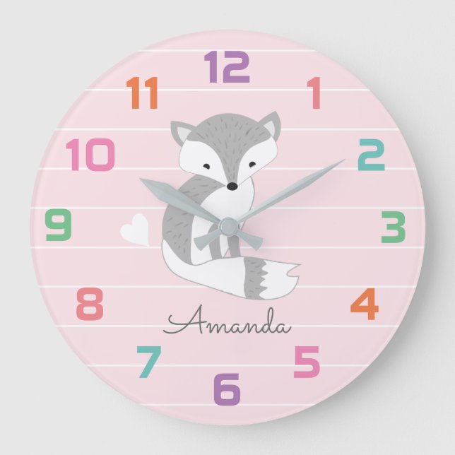 Die Wand-Uhr des rosa Fox-Kinderzimmers Große Wanduhr (Vorderseite)