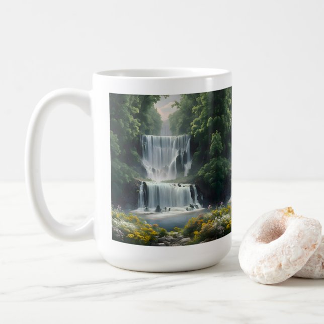 Die Wasserfall-Landschaft Kaffeetasse (Mit Donut)