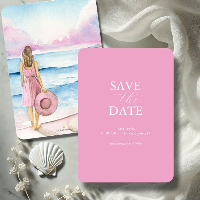 Die Wasserfarbe des Strandes rettet die Daten Save The Date (Pink save the date invitation with watercolor beach scene by Victoria Grigaliunas of Do Tell A Belle)