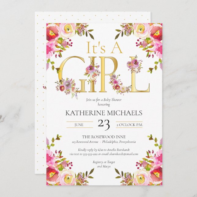 Die Wasserfarbe eines Mädchens bläst eine Blütendu Einladung (Vorne/Hinten)