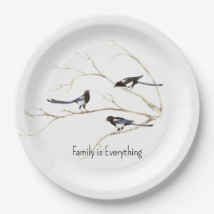Die Watercolor Magpie Bird-Familie ist alles Pappteller