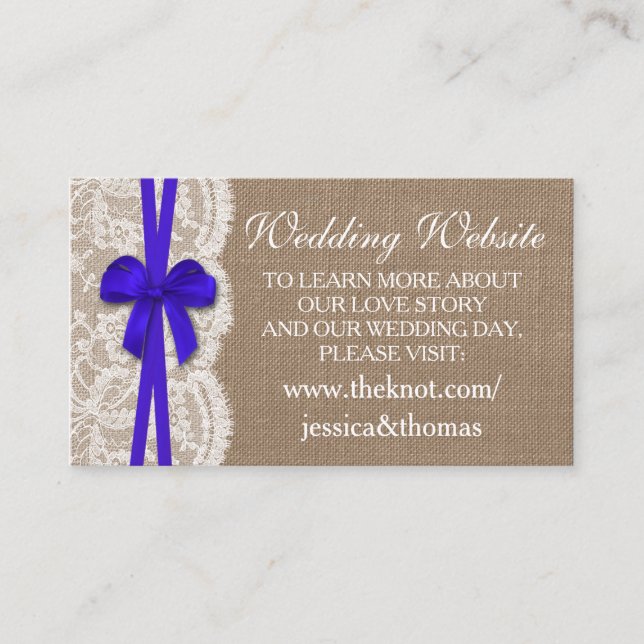 Die Website der rustikalen Blue Bow Wedding Collec Begleitkarte (Vorderseite)