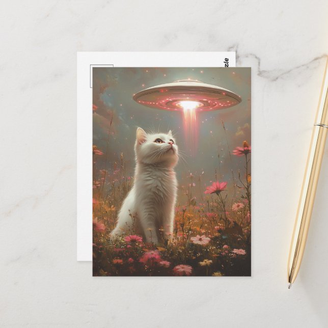 Die weiße Katze und das UFO Postkarte (Vorderseite/Rückseite Beispiel)