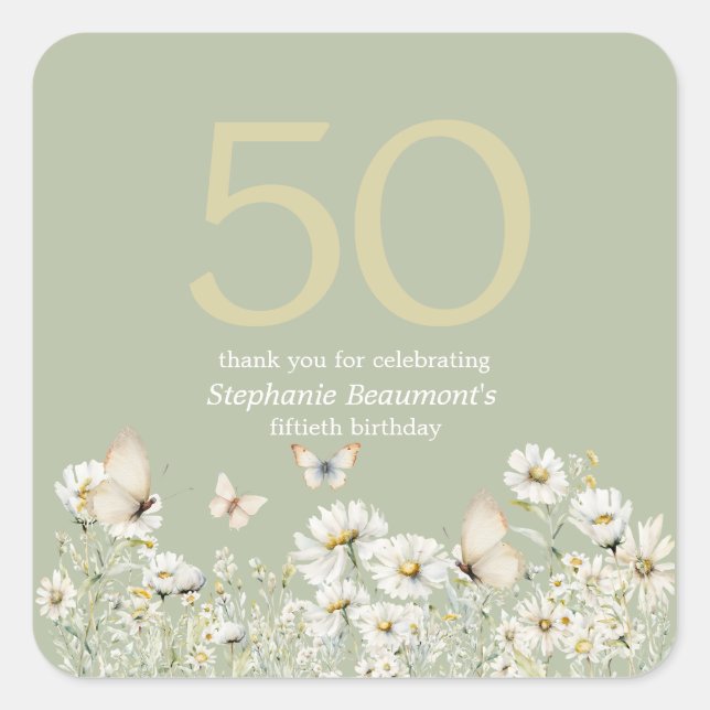 Die Weiße Wildblume überrascht 50. Geburtstag Quadratischer Aufkleber (Vorderseite)