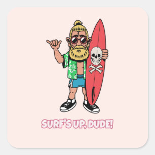 Die Welle ist da, Alter! Bärtiger Cartoon-Surfer Quadratischer Aufkleber