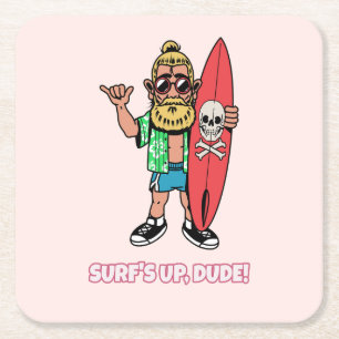 Die Welle ist da, Alter! Bärtiger Cartoon-Surfer Rechteckiger Pappuntersetzer