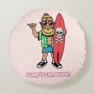 Die Welle ist da, Alter! Bärtiger Cartoon-Surfer Rundes Kissen