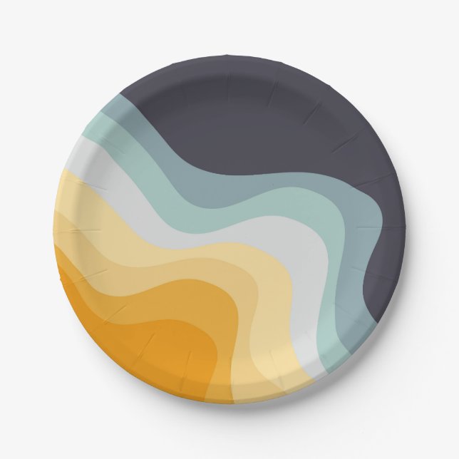 Die Wellen im Retrostil blau und gelb Pappteller (Vorderseite)