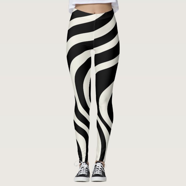 Die Wellen im Retrostil Schwarz-Weiß Leggings (Vorderseite)