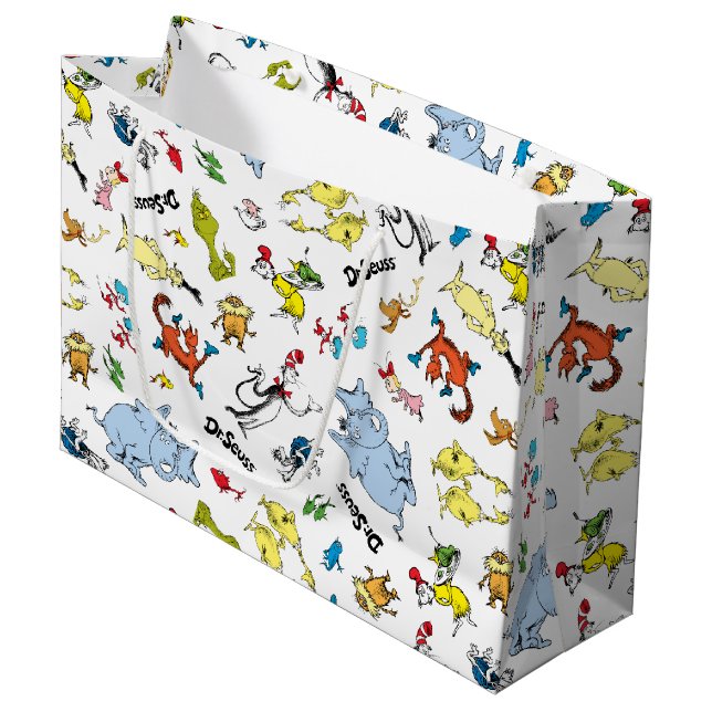 Die Welt des Dr. Seuss-Musters Große Geschenktüte (Vorderseite Schrägansicht)