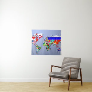 Die Weltkarte mit ihren Flaggen Wandteppich