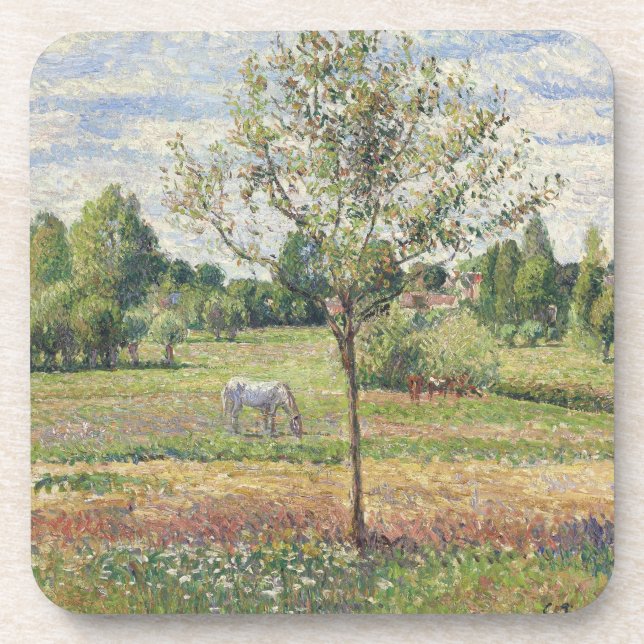 Die Wiese mit grauem Pferd, Eragny, Ölmalerei Getränkeuntersetzer (Vorderseite)