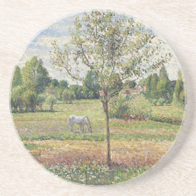 Die Wiese mit grauem Pferd, Eragny, Ölmalerei Getränkeuntersetzer (Vorne)