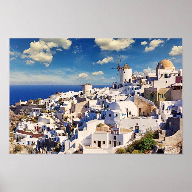 Die Windmühlen in Oia von Santorini, Griechenland Poster (Vorne)