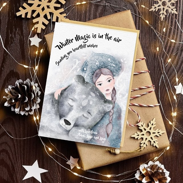 Die Wintermagie ist in der Luft | Schneekarte Einladung (Snow Queen with Bear Winter Magic Wishes Card)