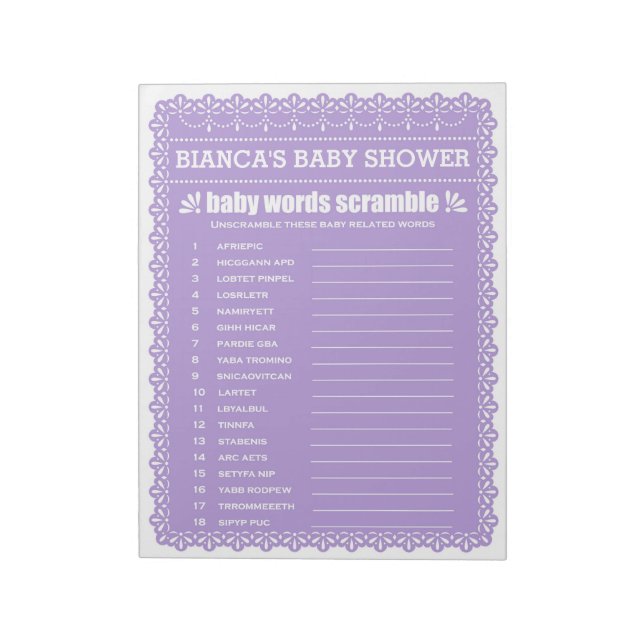 Die Word-Scramble Lila Papel Picado Baby-Dusche Notizblock (Rotiert)