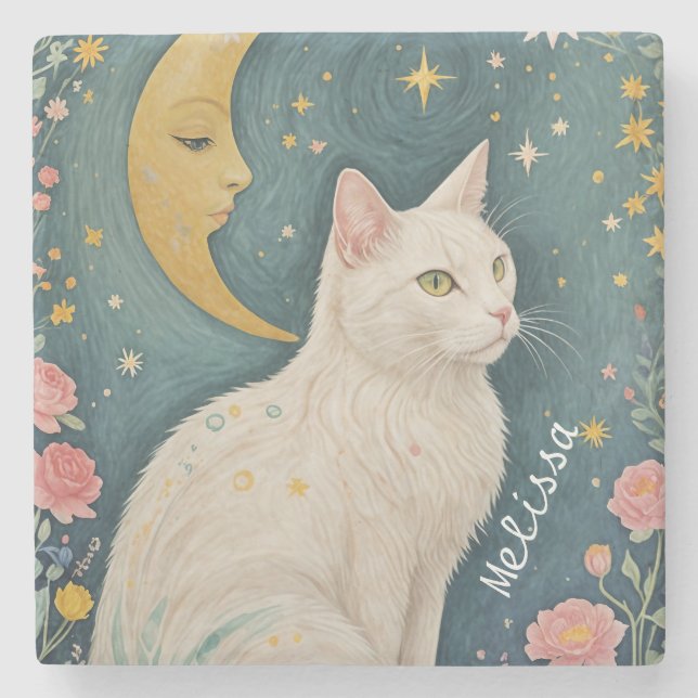 Die zauberhafte weiße Katze mit grünen Augen Steinuntersetzer (Vorderseite)