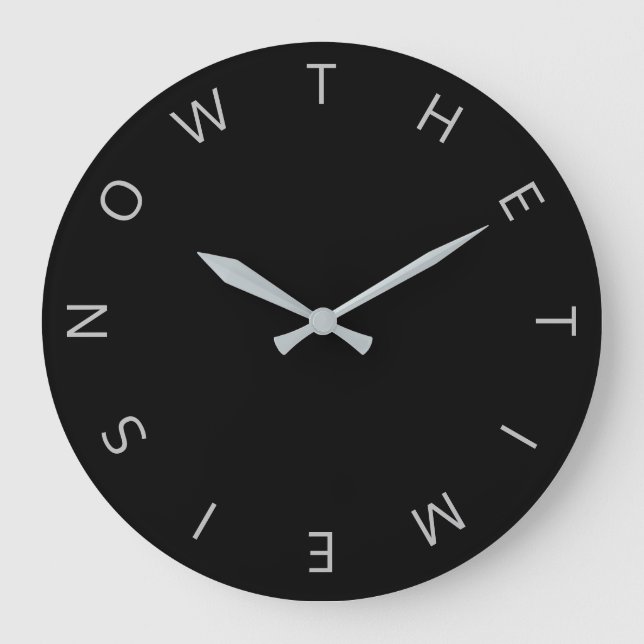 'Die Zeit ist jetzt' minimale Typografie Große Wanduhr (Vorderseite)