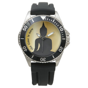 'Die Zeit ist jetzt' sitzende Buddha-Silhouette Armbanduhr