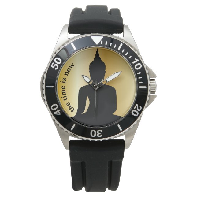 'Die Zeit ist jetzt' sitzende Buddha-Silhouette Armbanduhr (Vorderseite)
