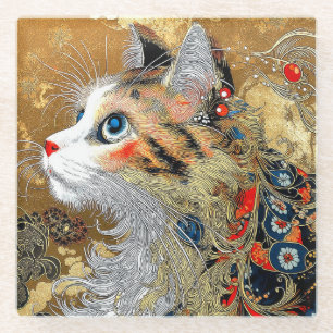 Die Zen-Katze   Vintag Japanisch Ukiyo-e Glasuntersetzer