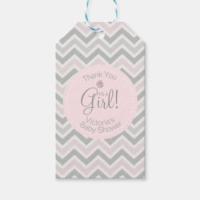 Die Zickzack, rosa graue Babydusche der Girl Geschenkanhänger (Vorderseite)