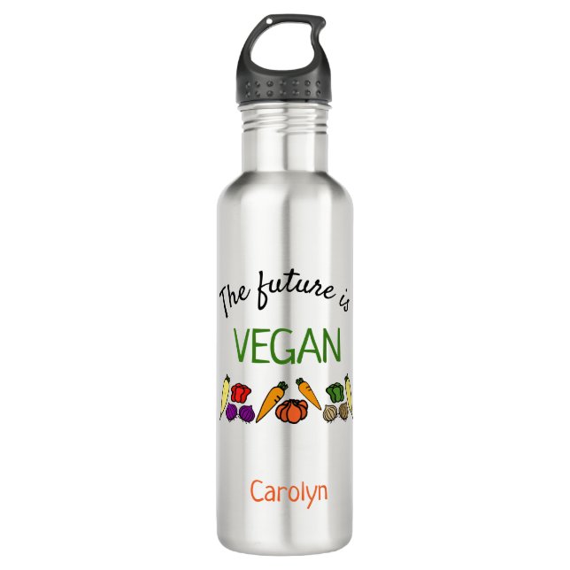 Die Zukunft ist VEGAN, personalisiert, Ihr Name Edelstahlflasche (Vorderseite)